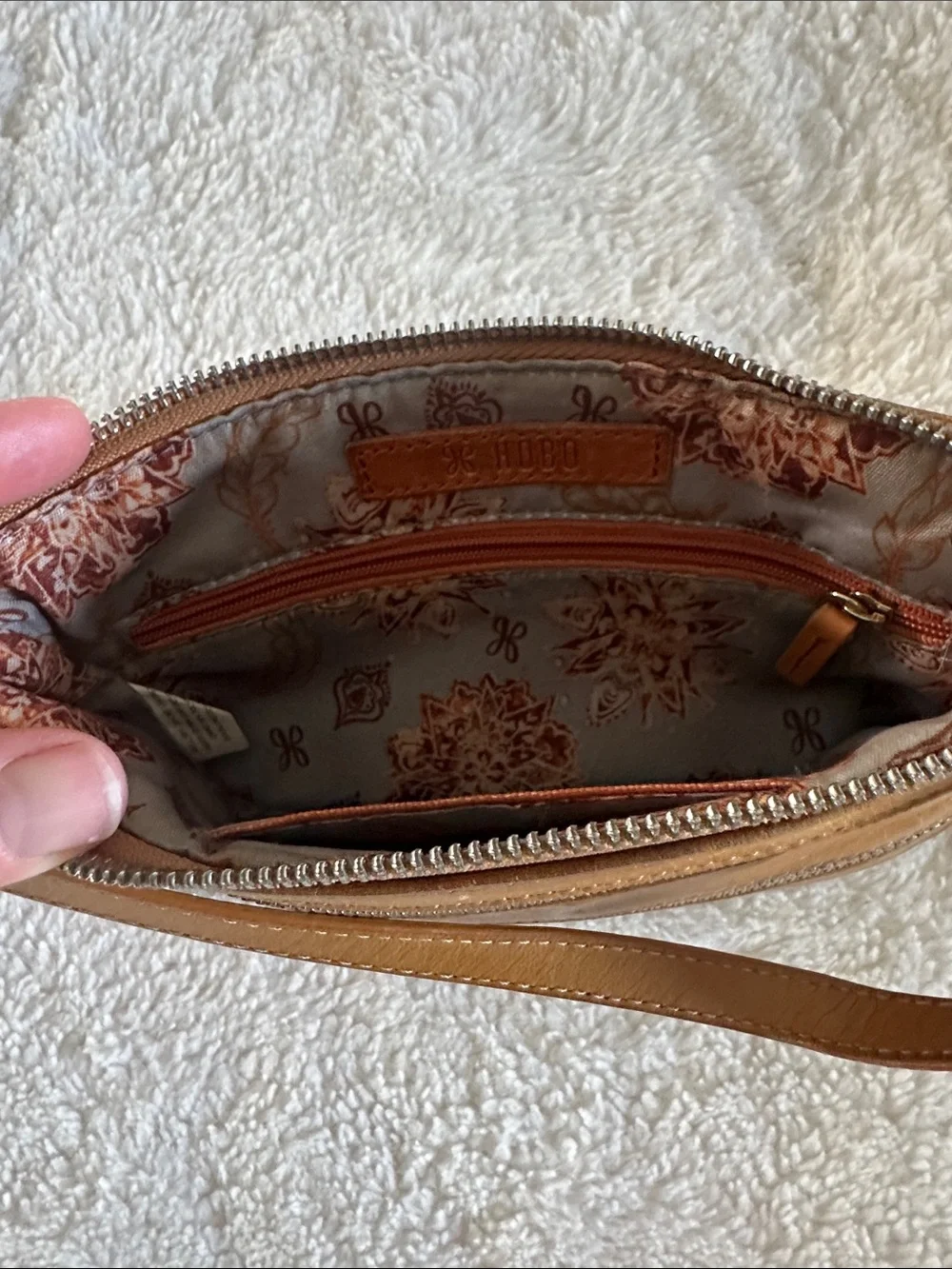 HOBO Cognac Leather Wristlet Clutch with Dual Zippers